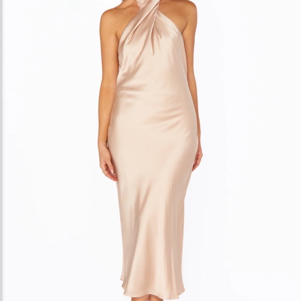 Jasmine Halter Midi Dress - champagne satin